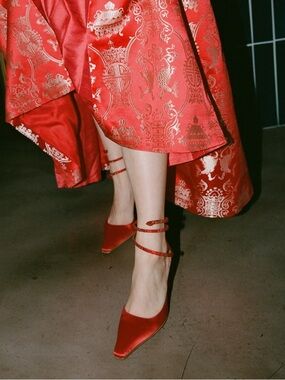 Rene Caovilla Red Satin Crystal Wrap Serpent Heels